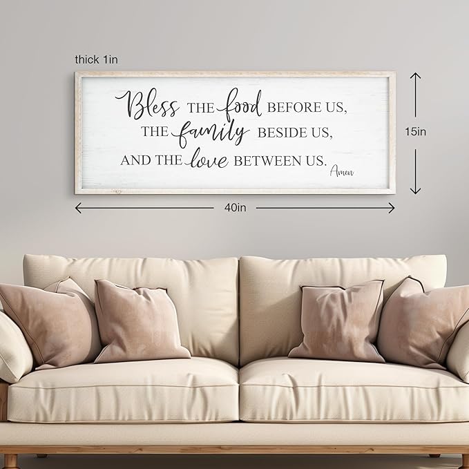 Bless The Food Before Us Home Decor Wall Sign For Family Kitchen Farmhouse Dining Room Vintage Rustic Retro Boho Wood House Wall Art Decoration For Living Room Bedroom 40 x 15 Inch white
