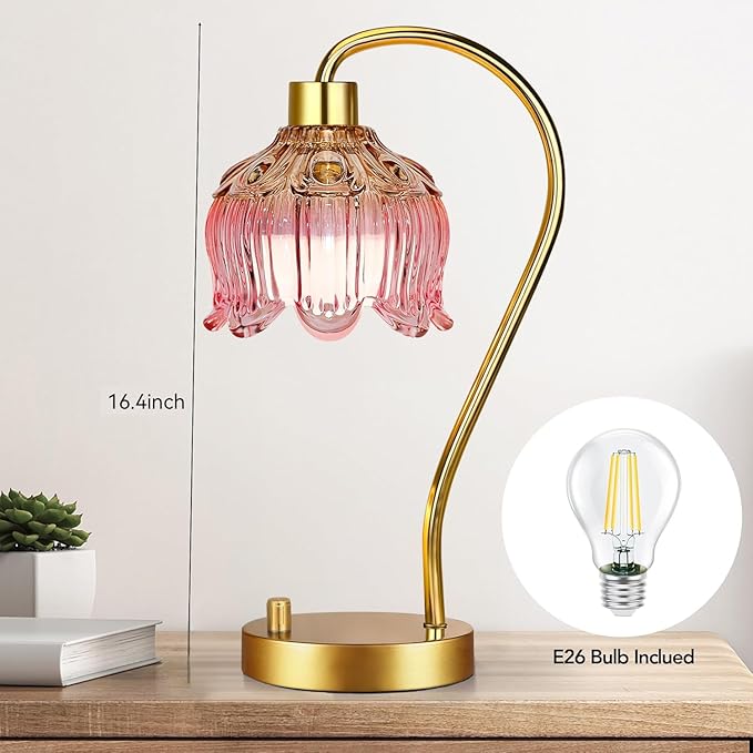 Pink Table Lamp Set of 2,Small Gold Bedside Lamps Dimmable Boho Bedroom Lamp with Tulip Flower Glass Lamp Shade,Vintage Mid Century Modern Mini Nightstand Lamp for Bedroom Living Room