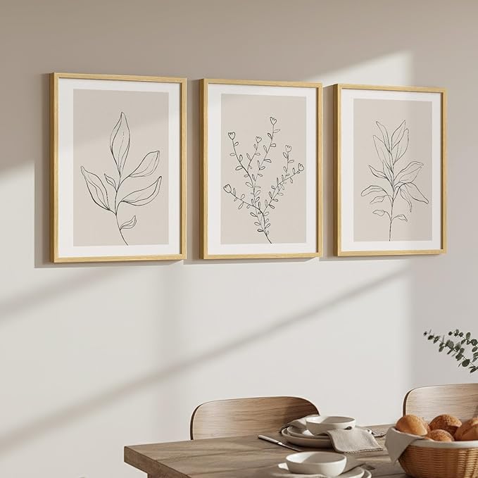 Framed Botanical Line Bedroom Wall Art, 3 Piece Neutral Leaf Print for Room Wall Decor, Minimalist Beige Plant Artwork for Walls, Botanical Picture for Living Room Guest Room Hallway Decor, 12x16 Inch