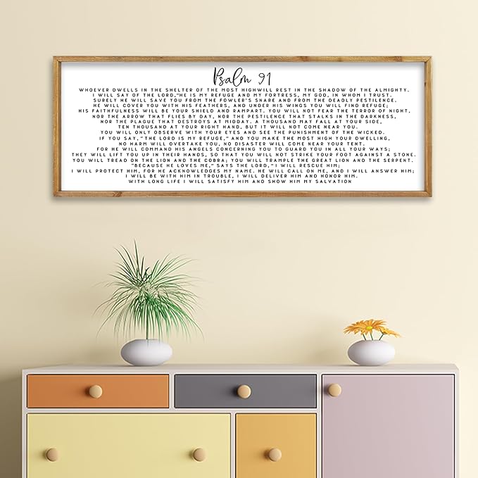 comurdyo Psalm 91 Wall Art Decor 32"X12" Christian Bible Verse Prayer Sign for Large Vintage Farmhouse Wood Framed Minimalist Family Living Room Wall Plaque Horizontal Hanging Decor (Wood)