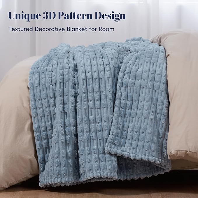 PHF Ultra Soft Flannel Fleece Blanket Queen Size, Lightweight 3D Jacquard Fleece Blanket, No Shedding, No Pilling, Luxury 340GSM Aesthetic Fluffy Cozy for Bed Room Decor, 90"x90", Dusty Blue