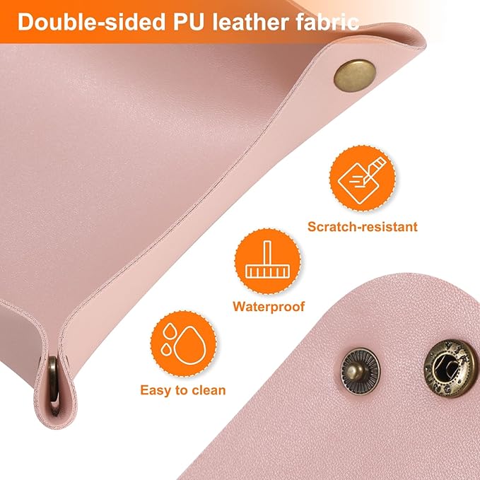 HARFINGTON 2pcs PU Leather Valet Tray Unisex Folding Small Catchall Tray Portable Entryway Table Tray Nightstand Bedside Desk Tray for Key Wallet Watch Coin Jewelry Dice, Pink