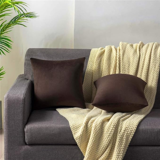 DEZENE Throw Pillow Covers 16x16 Chocolate Brown: Pack of 2 Cozy Soft Velvet Square Modern Luxury Decorative Throw Pillow Cases for Sofa Couch Living Room Bed Home Decor