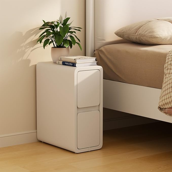 AQIMUELE Narrow Nightstand - Narrow Bedside Table with Drawers, Wood Small Nightstand with Leather Surface for Bedroom, White - 7.9" W