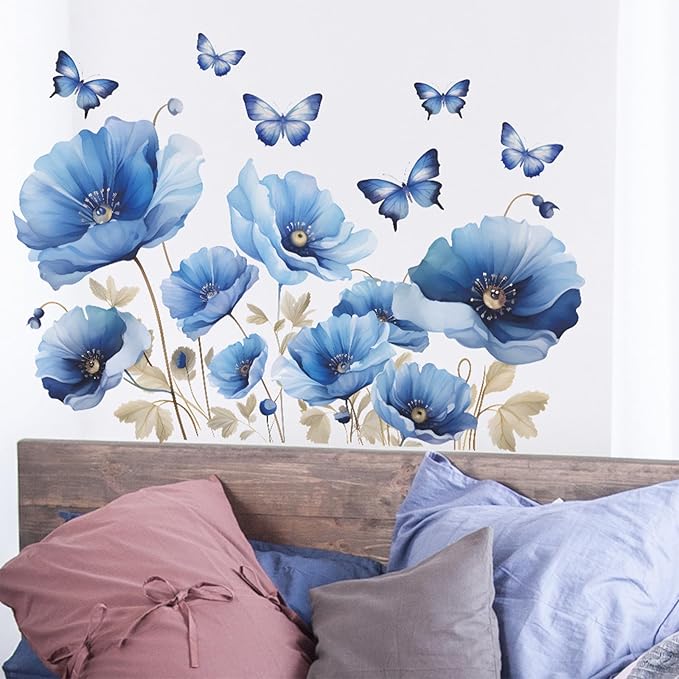 TUOKING Blue Flowers Wall Stickers Removable Butterfly Wall Murals Peel and Stick Wall Art Decal Home Decor for Kitchen,Bedroom,Living Room(fun-c13)