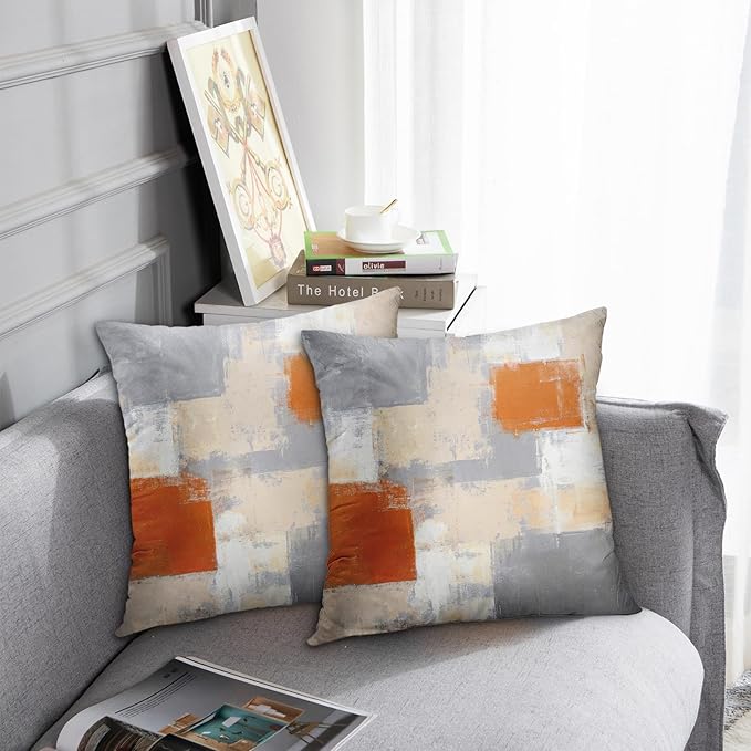 Britimes Throw Pillow Covers Modern Home Art Decor, 18 x 18 Inches Set of 2 Pillow Cases Decorative, Abstract Oil Painting Pillowcases for Bedroom, Living Room, Cushion Couch Sofa, Beige Orange