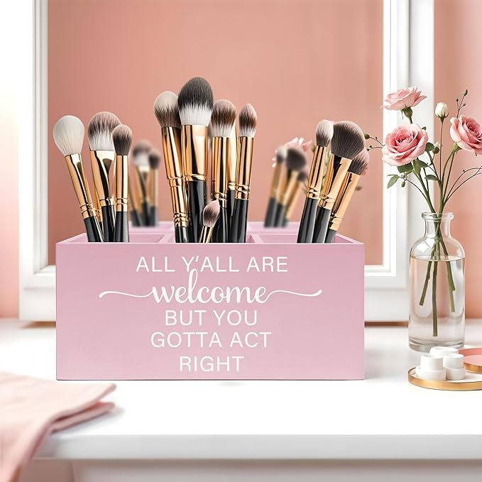 Pink Western Makeup Brush Holder, Preppy Western Cowgirl Toothbrush Holders for Girly Bathroom, All Y'all are Welcome But You Gotta Act Right Pen Holder Organizer for Dorm Bedroom Desk