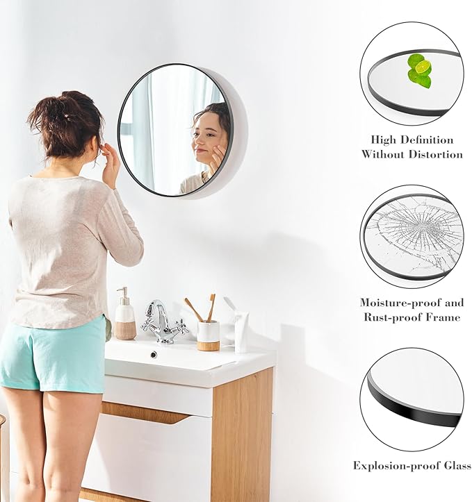 Sweetcrispy 20-inch Black Round Wall Mirror, Circle Bathroom Mirrors with Metal Frame, Wall-Mounted Mirrors for Living Room, Bathroom, Entryway