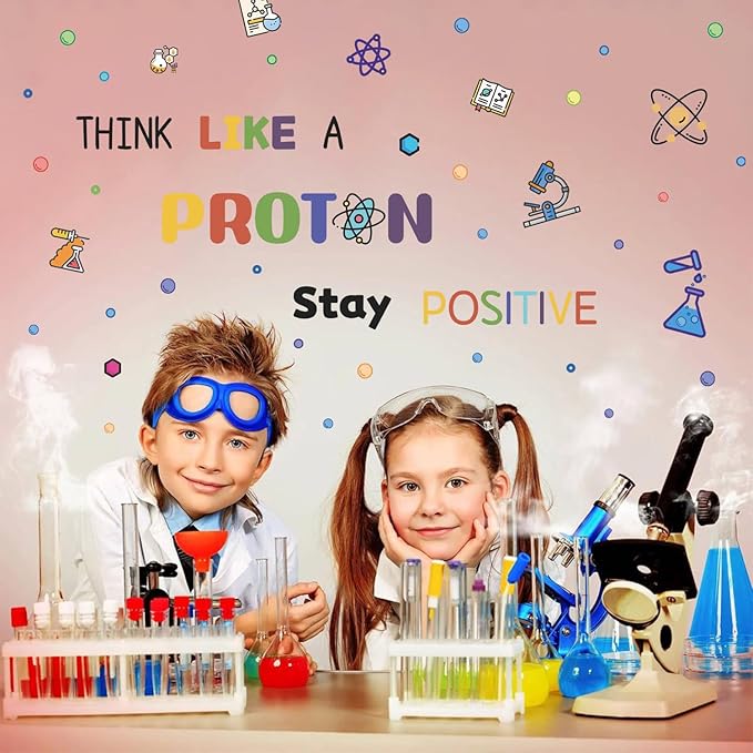 HLNIUC Large School Wall Decal(35”x12”),Colorful Chemistry Classroom Stickers,Chemical Proton Laboratory Wall Decor,Inspirational Quotes Room Sticker,Stay Positive Science Art Decal for Kids Room Lab