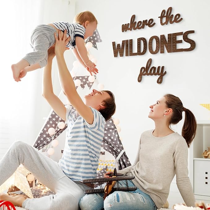 Where the Wild Ones Play Nursery Sign Wooden Playroom Wall Decor Playroom Decoration Word Play Room Sign for Wall Plaques(23 Inch,Brown)