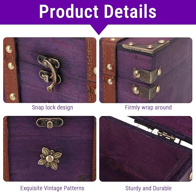 Vintage Treasure Chest Box, Wooden Jewelry Storage Box with Leather & Metal Accents, Decorative Retro Trunk for Home Bedroom Gifts (8.54x5.91x5.12in) (Purple)