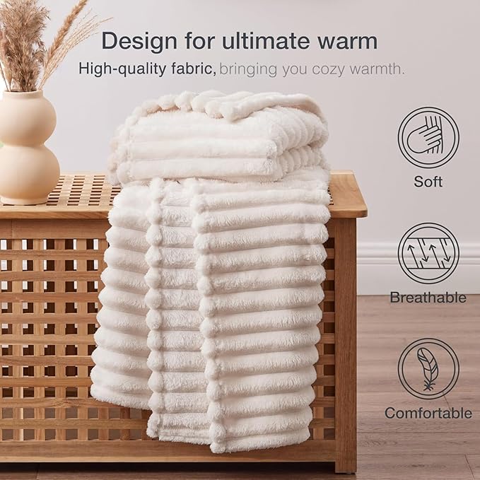 EXQ Home King Size Blanket for Bed or Couch - 3D Stripe Jacquard Decorative Fleece Blankets - Cozy Soft Lightweight Fuzzy Flannel Blanket Suitable for All Seasons(90"×108",Beige)
