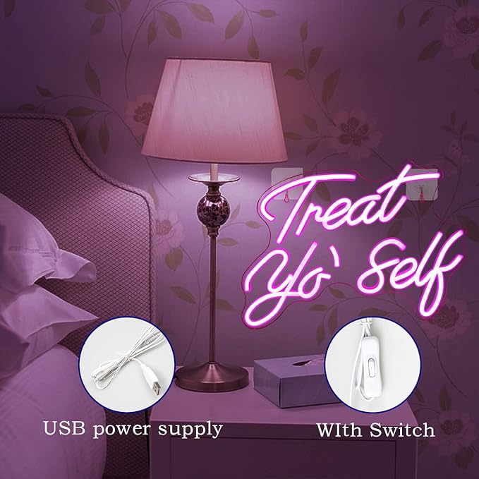 Gamerneon Treat Yourself Neon Sign Pink Led Word Neon Lights Usb Neon Light Signs for Bedroom Home Light Up Letter Neon for Birthday Party Gifts