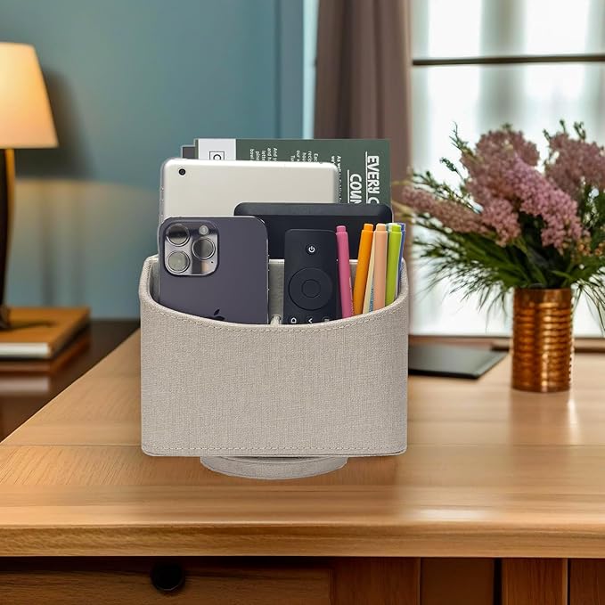 UnionBasic Rotating Desk Organizer, 360 Desk Spinning Caddy, Desktop TV Guide/Mail/Media/Remote Controller Holder Organizer, Beige