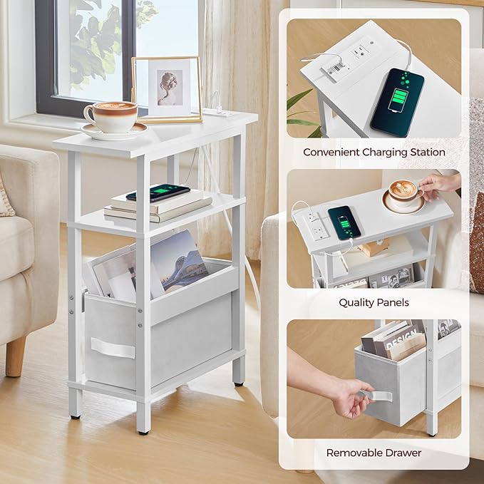 Narrow Side Table with Charging Station, Slim End Table with Fabric Storage, Skinny Nightstand for Small Spaces, Thin Bedside Table for Living Room, Bedroom, White ETBW125E01