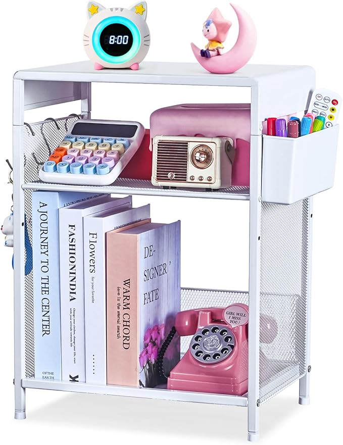 Kids Nightstand, 3-Tier Metal Side Table with Adjustable Storage Shelf, Basket & 3 S-Hooks, Small Bedside Table for Nursery, Toddler Bedroom and Small Spaces (White)