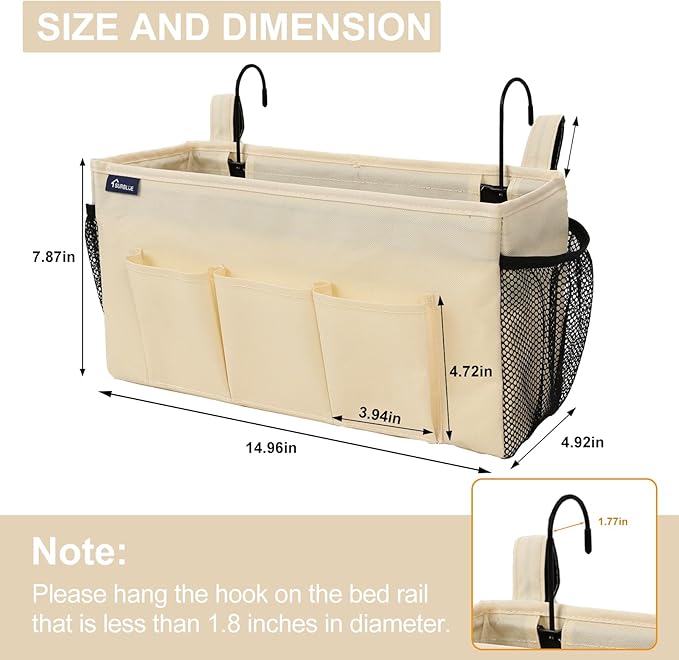Surblue Bedside Organizer with Hook Bedside Caddy Hanging Storage Bag with Adjustable Strap and Water Bottle Holder for Home College Dorm Bunk Bed Accessories, Crib Bed Rail, Hospital Bed, Beige, 2PCS