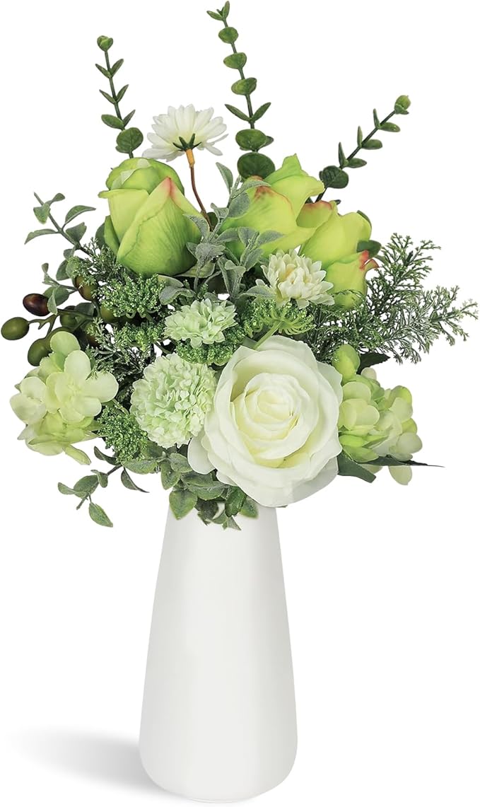 Small Faux Flower Bouquet in White Ceramic Vase (15.75" Tall) - Green & White Artificial Floral Arrangement for Coffee Table Centerpiece, Bathroom & Office Desk Decor