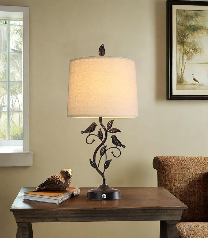 RORIANO 27" Touch Farmhouse Table Lamps for Living Room with 3-Way Dimmable 2 USB Ports, Vintage Rustic Iron Leaf Nightstand Lamp for Bedroom, LED Bulb Included