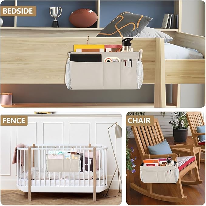 DOMIKING Beige Bedside Caddy for Dorm Bed Recliner Armrest Organizer with Hooks Haning Holders for Phone Magazine Tablet