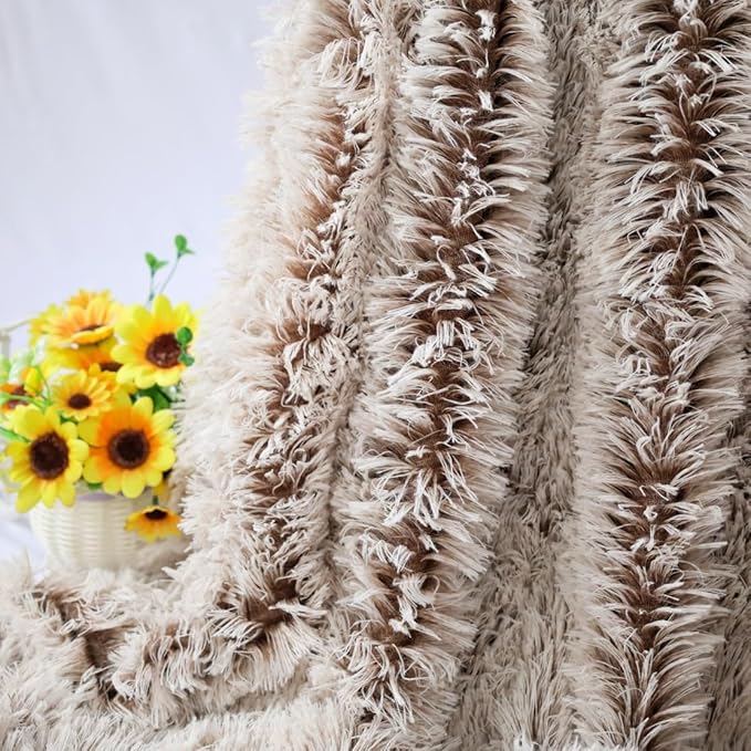 Plush Super Soft Blanket Bedding Sofa Cover Furry Fuzzy Fur Warm Throw Qulit Cozy Couch Blanket for Winter (51"x63",Brown and White)