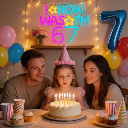 6 7 Birthday Decorations Neon Sign I WAS 6 NOW I'M 7 Neon Light for Wall Art Decor,Boy Girl 7 Years Old,Dimmable LED Lights for Bedroom Party Background Decoration Birthday Gifts