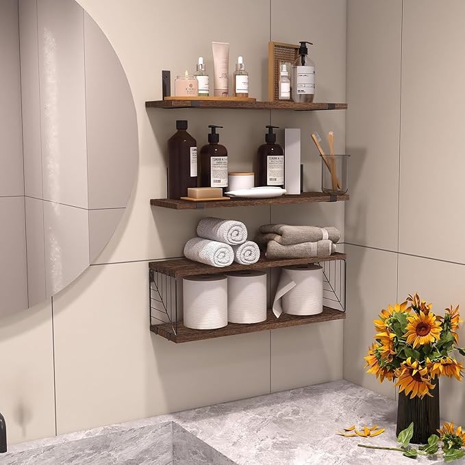 Fixwal Bathroom Floating Shelves Over Toilet, 15.8in Farmhouse Rustic Wood Shelves, Wall Decor for Bathroom, Living Room, Bedroom and Kitchen (3 Plus 1 Tier Dark Brown)
