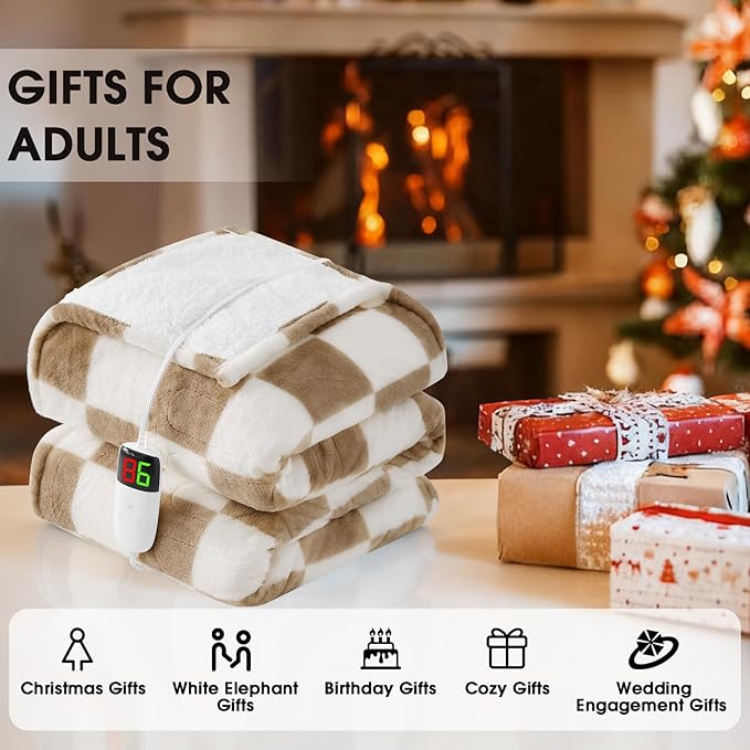 Light Brown Heated Throw Blanket Electric, 50X60 Heating Blanket with 10 Heat Levels & 8 Hours Auto Off for Lap, Checkered Plaid Soft Sherpa Blankets for Mom Grandma Women Couch