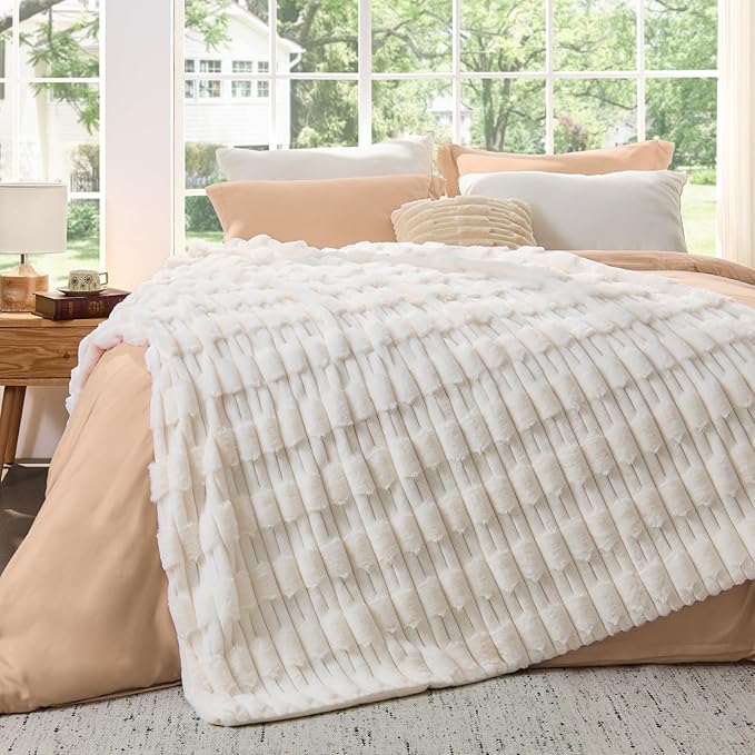 BEDELITE Faux Fur Twin Blanket for Couch - Super Soft & Cozy Plush Striped Blanket for Sofa and Room Decor, Luxury Fluffy All-Season Blankets Gift for Women, Men, Mom, Dad, 60x80 inch, Cream