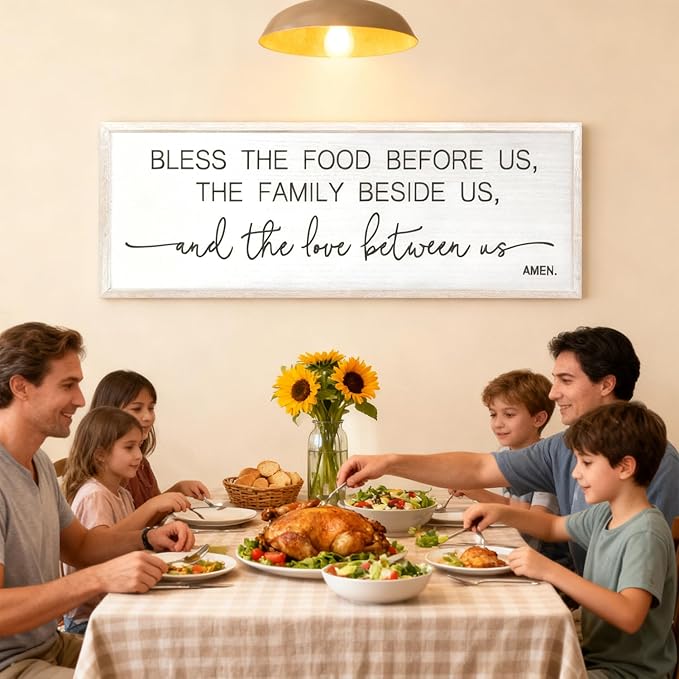Bless the Food Before Us, the Family Beside Us, and the Love between us Framed Wall Art for Dining Room, 40''×15'' Positive Holy Religious Rustic Bible Verse for Christian God Jesus Christ Prayer