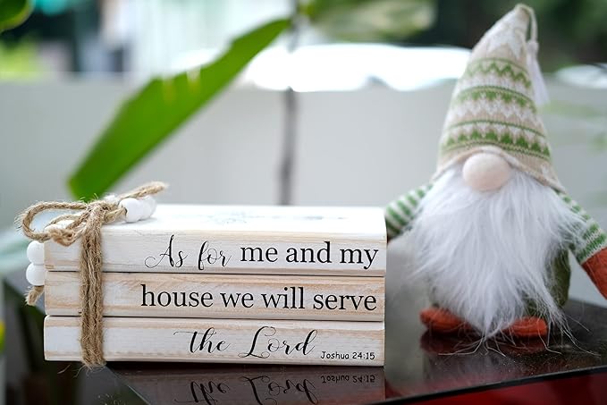 LIVDUCOT As for Me and My House We Will Serve the Lord Decor - Farmhouse Rustic Wood Decorative Books Stack for Home Coffee Table Living Room - Faux Books for Fireplace Mantle Bible Verses Decoration