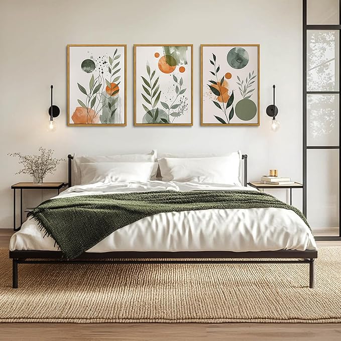 Wodkwq 3 Piece boho Abstract Botanical Canvas Wall Art Framed,Minimalist Watercolor Wall Art,Modern Nordic Wall Decor,Green,Orange,Sage Green,Prints For Living Room,Bedroom,Office 16x24in