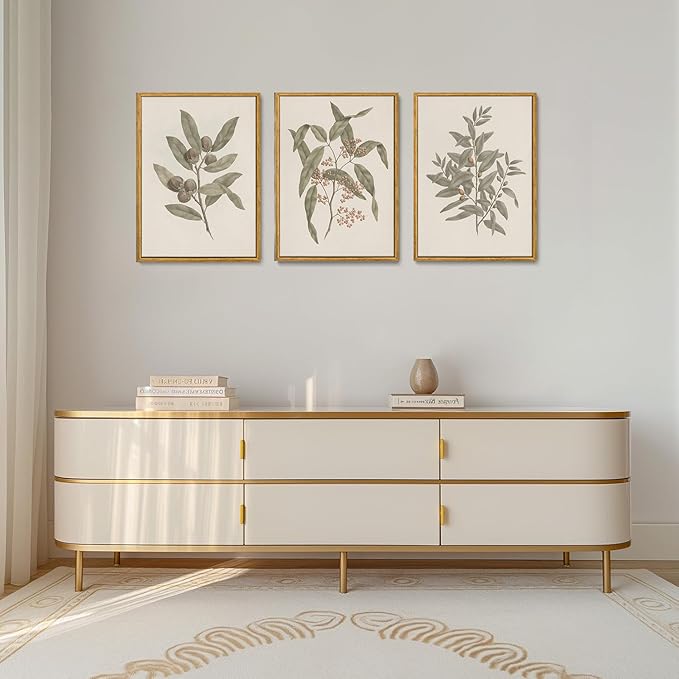 Wodkwq 3 Piece Vintage Botanical Canvas Wall Art Framed, Neutral Farmhouse Country Wall Decor,Sage Green Leaves Plants,Floral Painting For Living Room,Bedroom,Office,Kitchen 16x24in