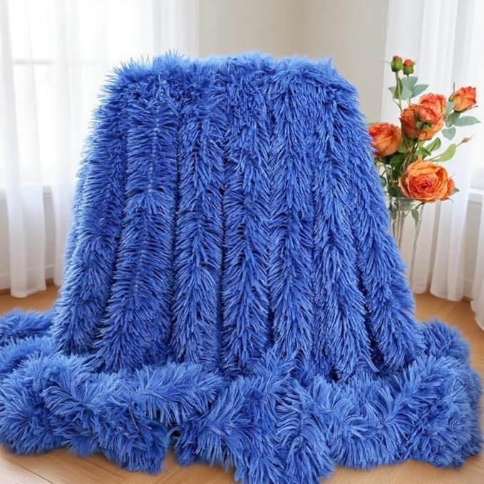 Plush Super Soft Blanket Bedding Sofa Cover Furry Fuzzy Fur Warm Throw Qulit Cozy Couch Blanket for Winter (63x79 Inches,Royal Blue)