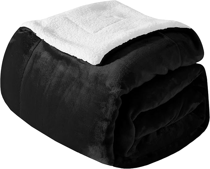 Mocassi Premium Ultra-Soft Velvet Touch Flannel Fleece Sherpa Throw - Warm Cozy Reversible Plush Micromink Throw Blanket for Couch, Bed and Sofa - Fluffy, Christmas Winter Bedding Gift, Black