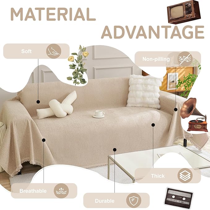 HANDONTIME Khaki Sofa Cover for Couch, Couch Slipcover with Non-Knot Tassels Sofa Cover for Dogs Washable, Simple Sofa Protector for Pets & Kids Chenille Cover Blanket Durable & Soft, 71"x150"