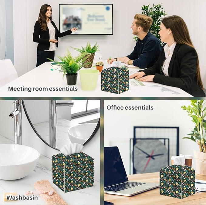 Tissue Box Cover, Tissue Box Holder, Square with Belt Bottom, PU Leather Decorative Organizer for Desk, Tabletop, Countertop Bathroom, Toilet, Car, Office, Dresser Kitchen, Aesthetic Wildflowers Decor