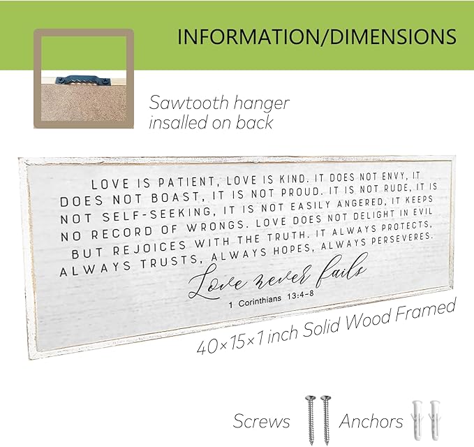 Love is Patient Love is Kind Wall Decor 40"X15" Large Bible Verse Quote 1 Corinthians 13 For Bedroom Above Bed Christianity bible Verse Couple Sign Hanging Wood Framed Wall Art (White）