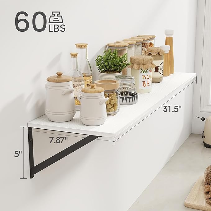 Heimlove White Deep Floating Shelves for Wall, 36W x 8D Wood Wall Shelves Set of 2, Wide Floating Bookshelf for Living Room, Kitchen, Office, Bedroom and Decor Storage, with Black Bracket - White