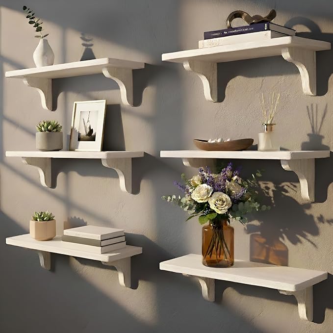Willowy Real Wood White Bedroom Shelves - 17 inch (6 Pack) - Easy to Install, Template and Video Included - Shelves for Wall, Estantes para Cuartos, White Shelf, Long Wall Shelf