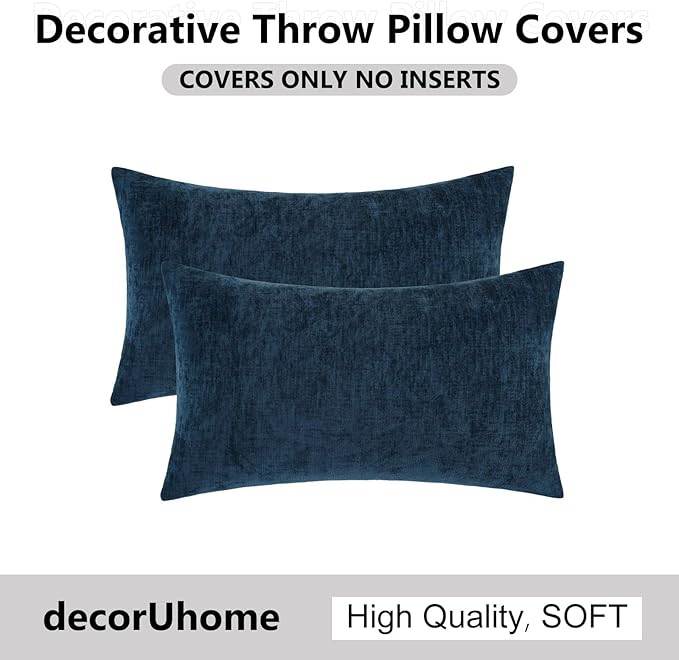 decorUhome Chenille Navy Blue Summer Throw Pillow Covers 12x20 Inch Set of 2, Decorative Soft Couch Pillow Covers Solid Dyed Accent Farmhouse Neutral Rectangle Pillow Cases for Sofa