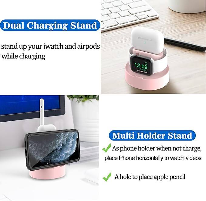 SOKUSIN Stand for Apple Watch Charger - iWatch AirPod 2 in 1 Charging Stand Holder Dock Compatible with All Apple Watch Series 10 9 8 Ultra2 Ultra SE2 7 6 SE 5 4 3 2 and AirPods 1/2/3/Pro (Pink)