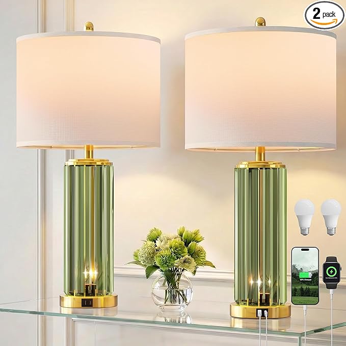 QiMH Gold Table Lamps for Bedroom Set of 2 with Nightlight, Modern Bedside Lamp with USB A+C Charging Port, Green Nightstand Lamp for Living Room White Shade, 2 Bulbs Included