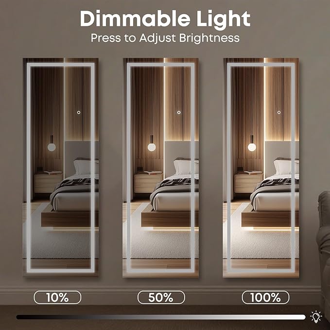 Kosmonia 63x24 Frameless Full Length Mirror, Dimmable 3 Color LED Light w/Memory Function, Distortion Free, HD Reflection & Anti Desilvering, Tempered Glass & Shatter Proof Film Doubling Safety