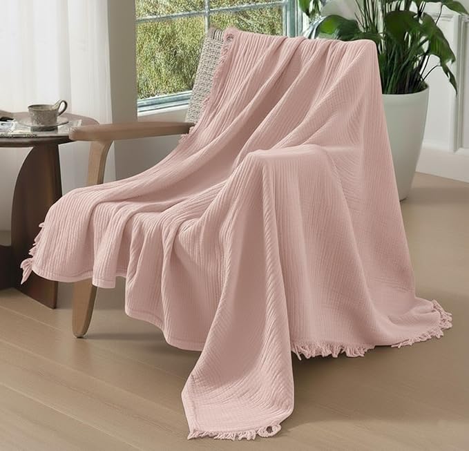 KyraHome 100% Organic Cotton Muslin Throw Blanket for Couch, Girls, Adults, Kids, 50"x60", Plant Dyed, Breathable Lightweight Soft Gauze Blanket, All Season (Soft Pink)