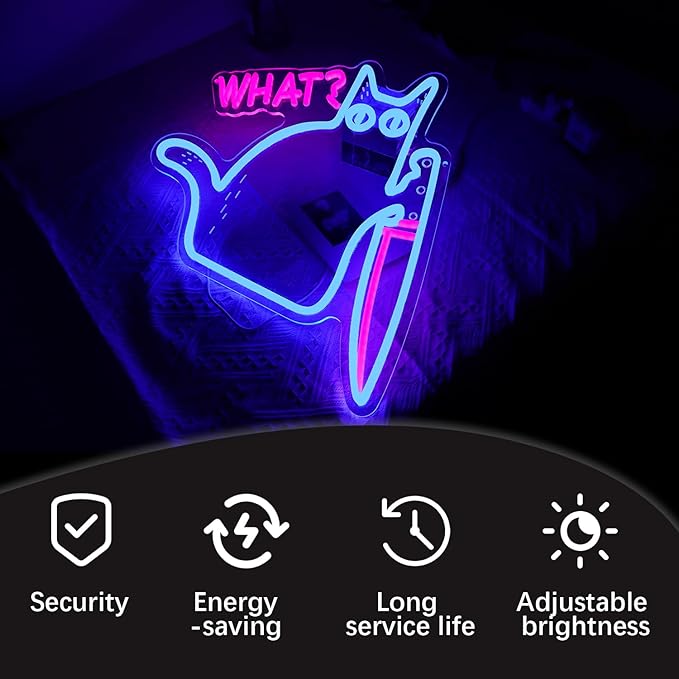 Cat What Neon Sign,Cat Room Decor Sign, Funny Black Cat Murderous Cat With Knife Night Light, For Bedroom Living Room Door Bathroom College Dorm Decor Birthday Christmas Gift