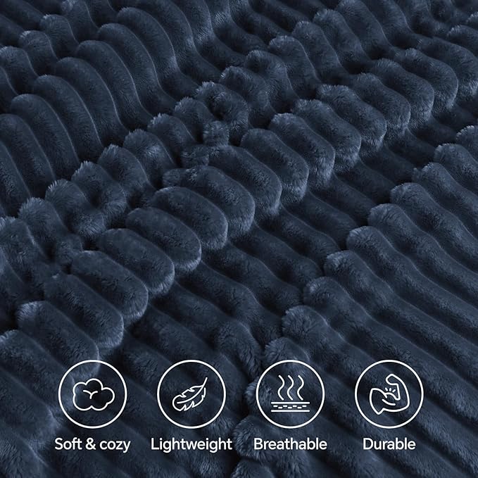 INFIIXSO Sherpa Fleece King Size Blanket - Super Soft & Warm Striped Fleece, Cozy Plush Fluffy Large Bed Blanket All Season Use (Navy Blue, 104x90 Inches)
