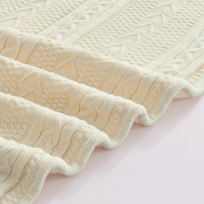 Longhui bedding Cream 50 x 63 Inches Acrylic Cable Knit Sherpa Throw Blanket - Thick, Soft, Big, Cozy Beige Knitted Fleece Blankets for Couch, Sofa, Bed - Large Coverlet All Season