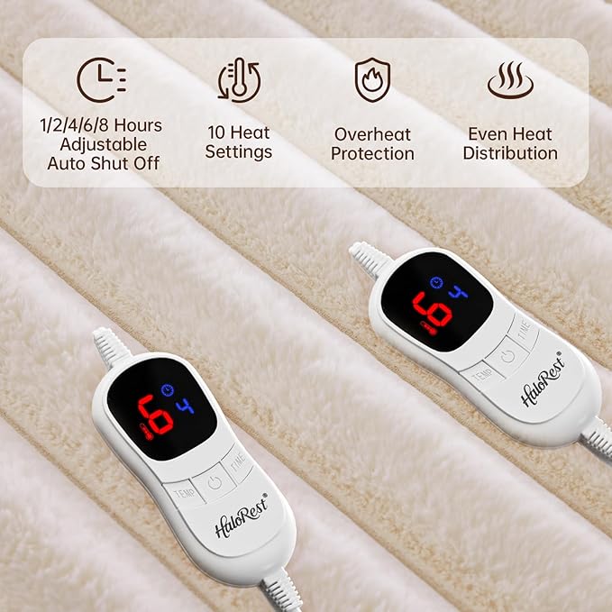 Heated Blanket Queen Size, Faux Fur Cozy Heating Blanket with Overheat Protection, 1/2/4/6/8 Hours Auto-Off 10 Heat Level, Machine Washable (84x90 Inches, Cream White)