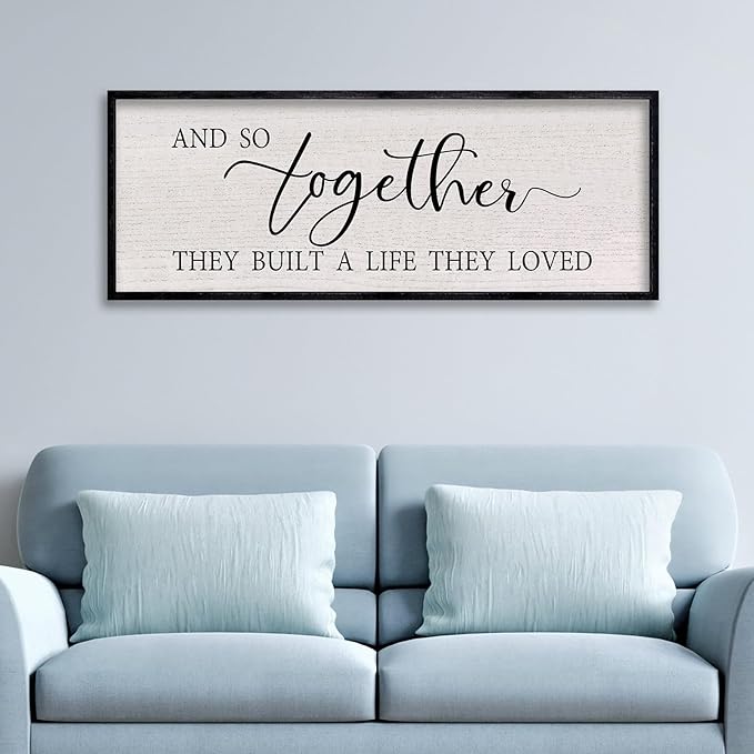 LuZhiQiang And So Together They Built A Life They Loved Farmhouse Wall Decor 40"x15" Rustic Master Bedroom Romantic Sign Large Wood Framed for Above Over Bed Couples Hanging Wall Art (Black)